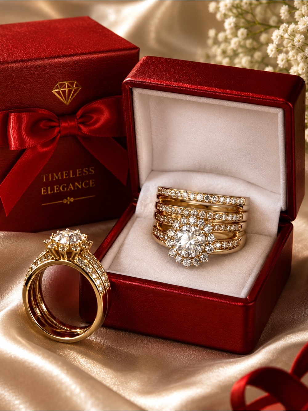 Gold Bridal Ring Set with Clear Crystal Halo